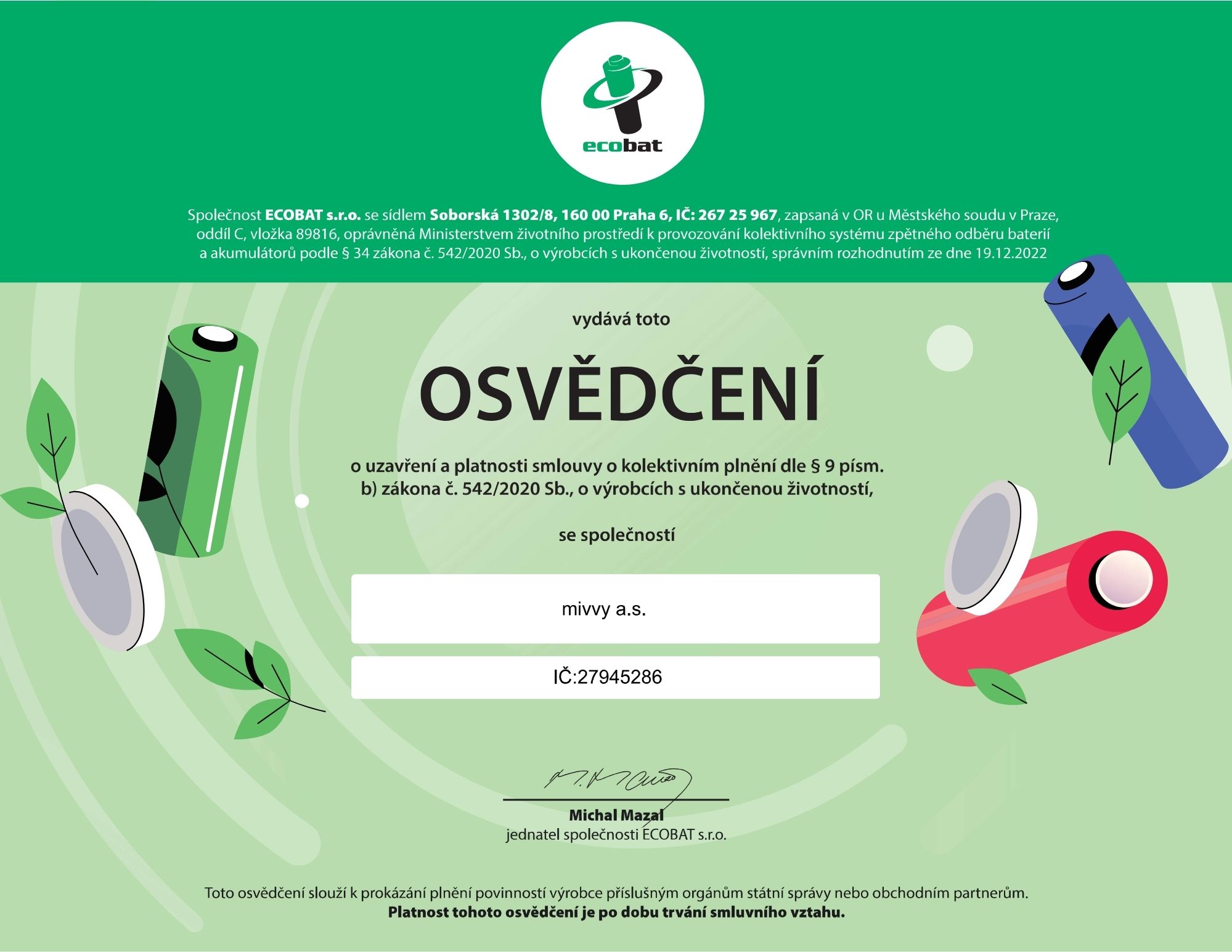 Certificate of collective performance agreement mivvy a.s. with ECOBAT system